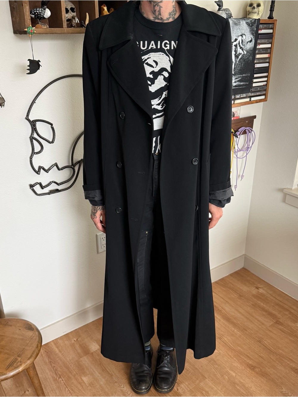 Vintage 90s Black Gabardine Double Breasted Maxi Trench Coat Duster ~ 10 / M